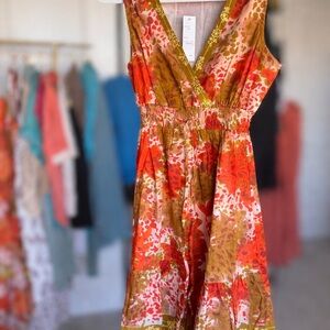 Floral Orange & Olive Wrap-Style Midi Dress